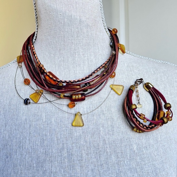 🌟 VINTAGE Unique Women's Leather and Light Amber Stones Necklace and Bracelet S - Picture 11 of 11